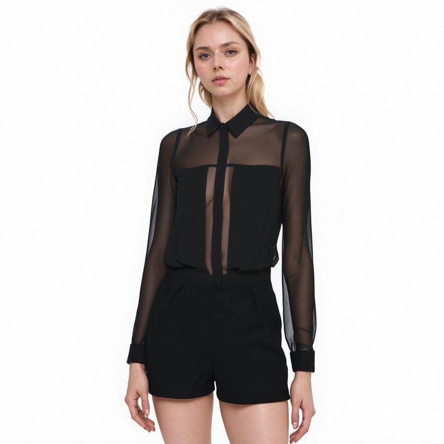 Women's Pleated Button Up Romper In Black - shopatkonus