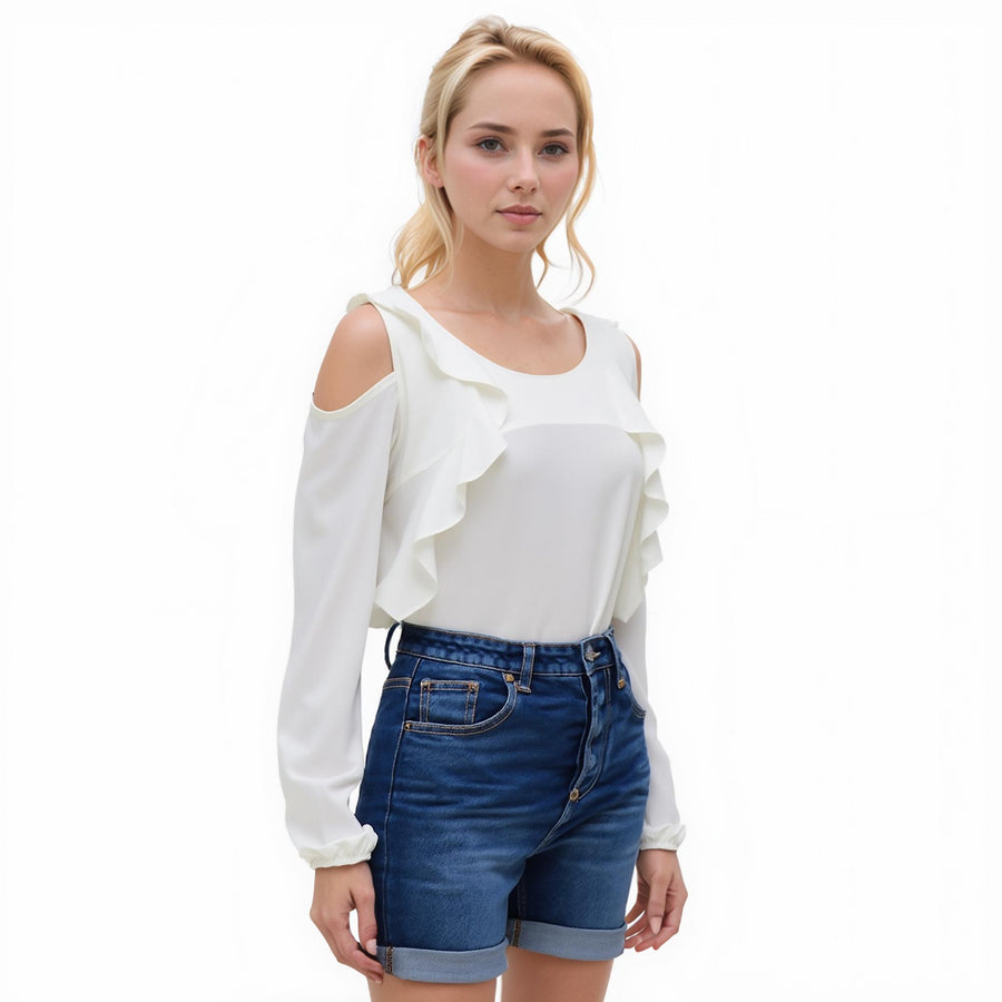 Women's Long Sleeve Open Shoulder Top In Ivory - shopatkonus