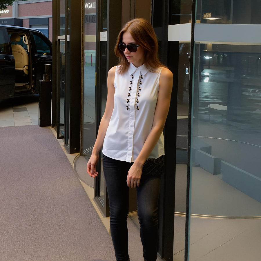 Women's Sleeveless Trim Detail Button Up Shirt - shopatkonus