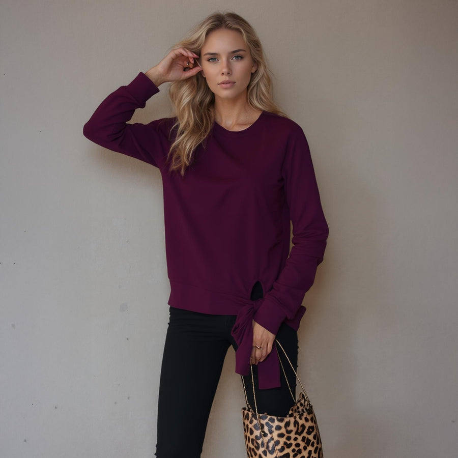 Women's Crew Neck Tie Knot Sweatshirt - shopatkonus