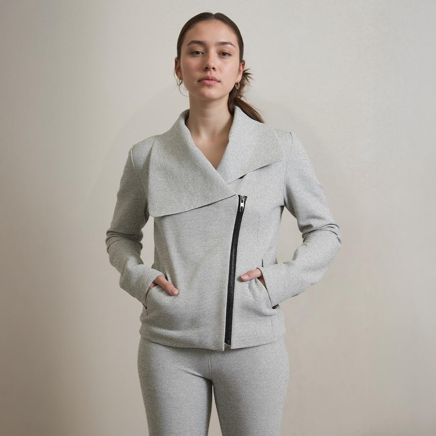 Women's Oversized Collar Zip-Up Moto Jacket In Heather Gray - shopatkonus