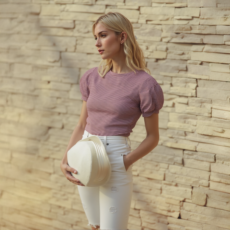 Women's Gathered Short Sleeve Stripe Knit Top In Brick Cream - shopatkonus