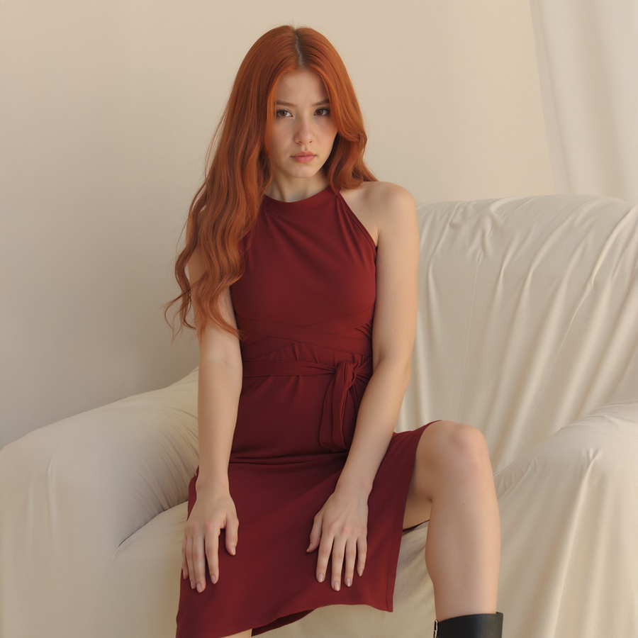 Women's Haltered Sheath Midi Dress In Wine - shopatkonus