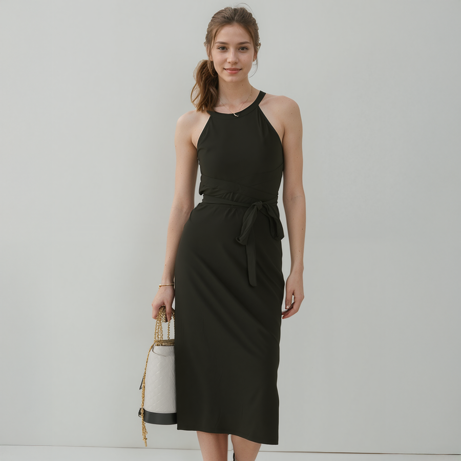 Women's Haltered Sheath Midi Dress In Black - shopatkonus