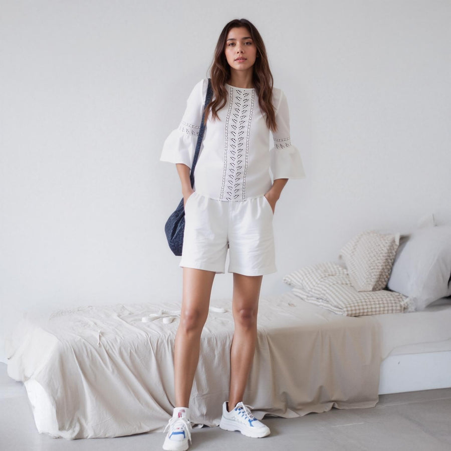 Pleione Women's Bell Sleeve Lace Trim Cutout Top In White - shopatkonus