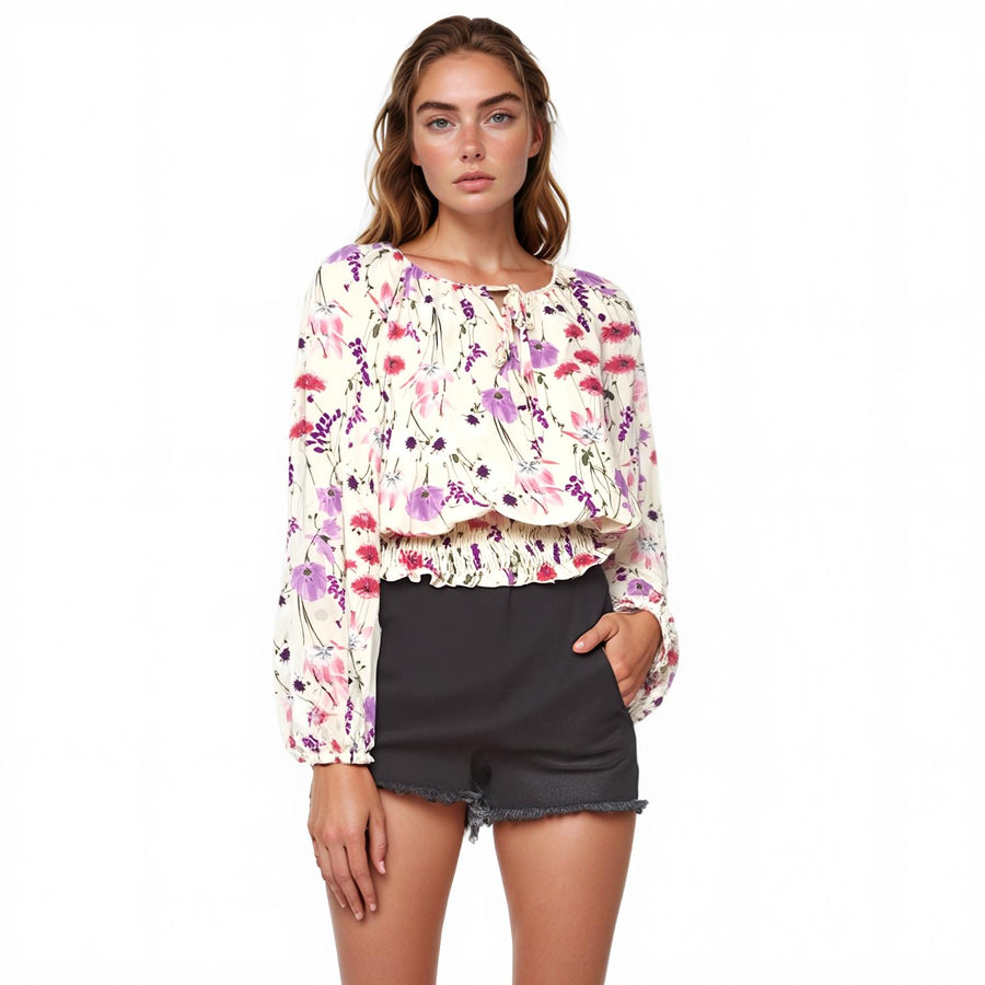 Pleione Women's Smocked Waist Tie Neck Blouse In Pink - shopatkonus