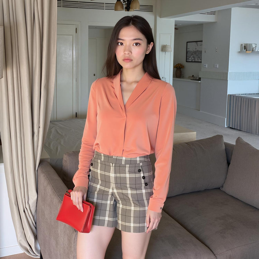 Pleione Women's Shawl Collared Shirt in Clay - shopatkonus