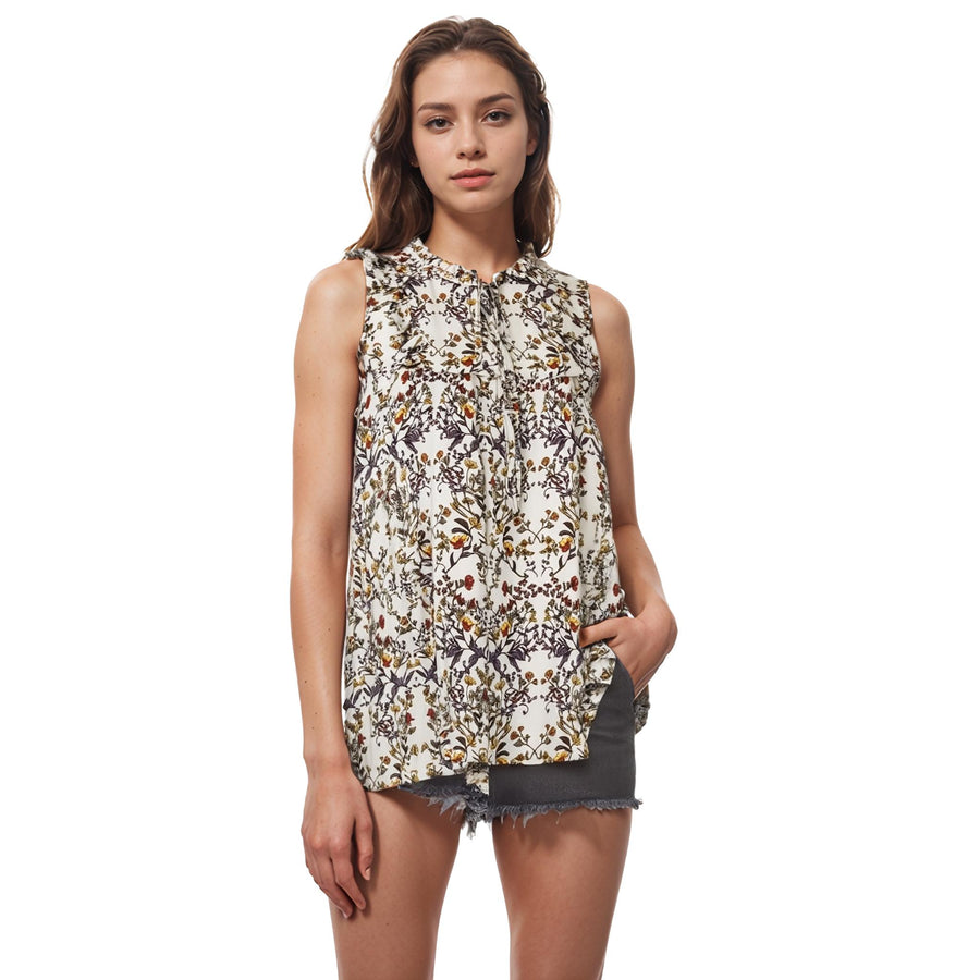 Sleeveless Tie Neck Blouse In Floral - shopatkonus