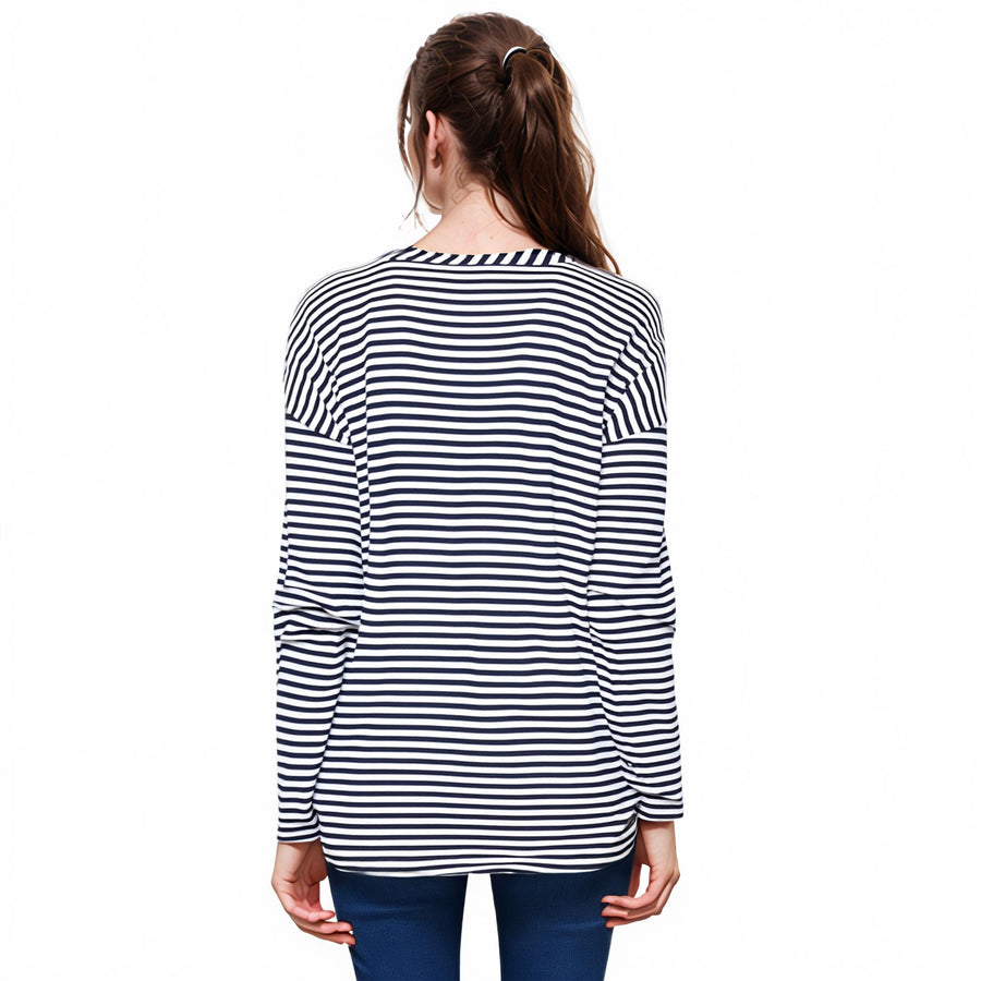 Women's Crewneck Round Hem Stripe Top - shopatkonus