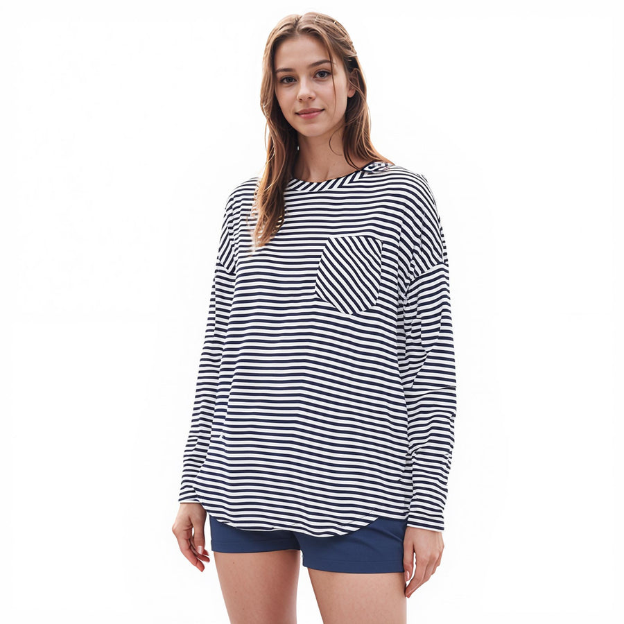 Women's Crewneck Round Hem Stripe Top - shopatkonus