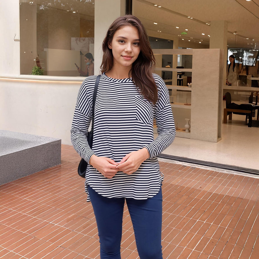 Women's Crewneck Round Hem Stripe Top - shopatkonus