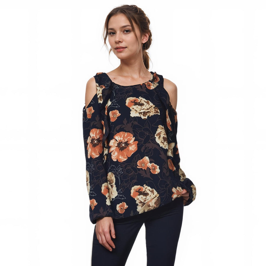 Women's Floral Print Long Sleeve Open Shoulder Top - shopatkonus