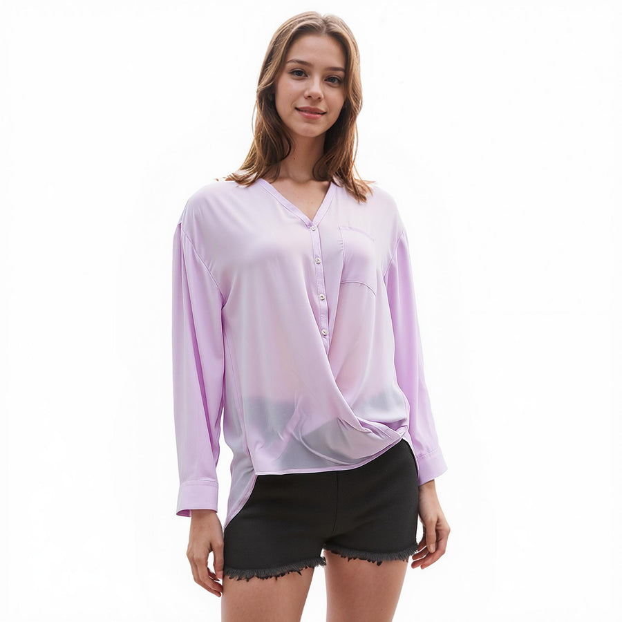 Ro & De V-Neck Wrap Hem Blouse - shopatkonus