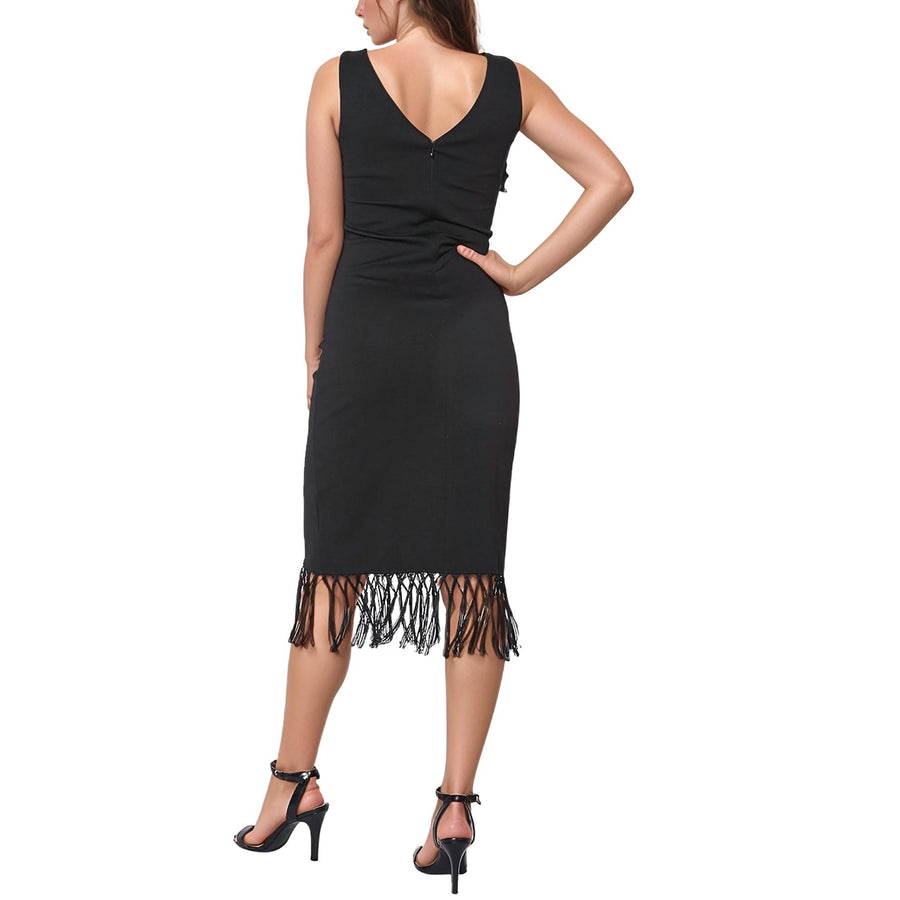 Tassel Hem Sleeveless Midi Bodycon Dress in Black - shopatkonus