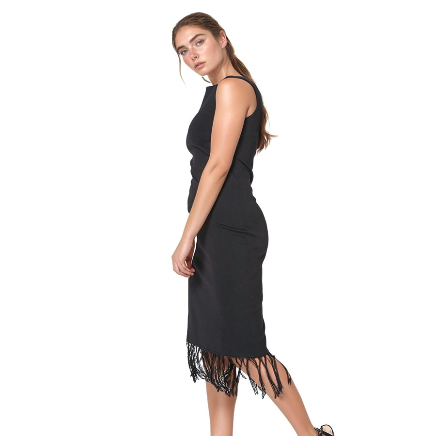 Tassel Hem Sleeveless Midi Bodycon Dress in Black - shopatkonus