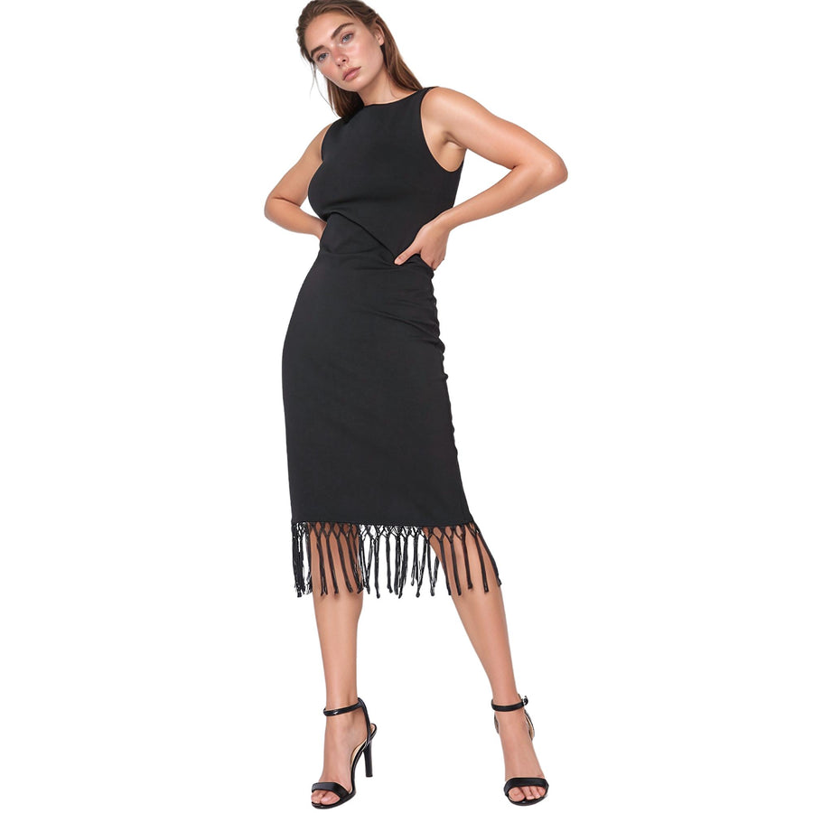 Tassel Hem Sleeveless Midi Bodycon Dress in Black - shopatkonus