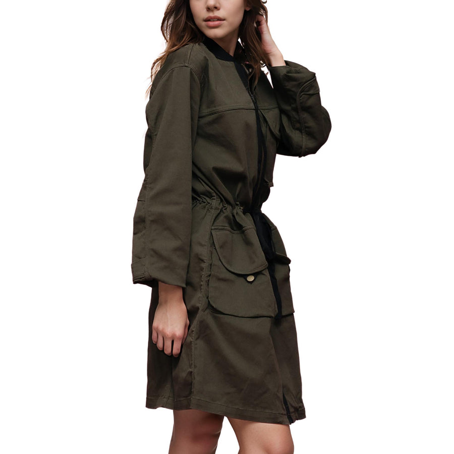 Women's Zip Up Long Utility Jacket In Olive - shopatkonus