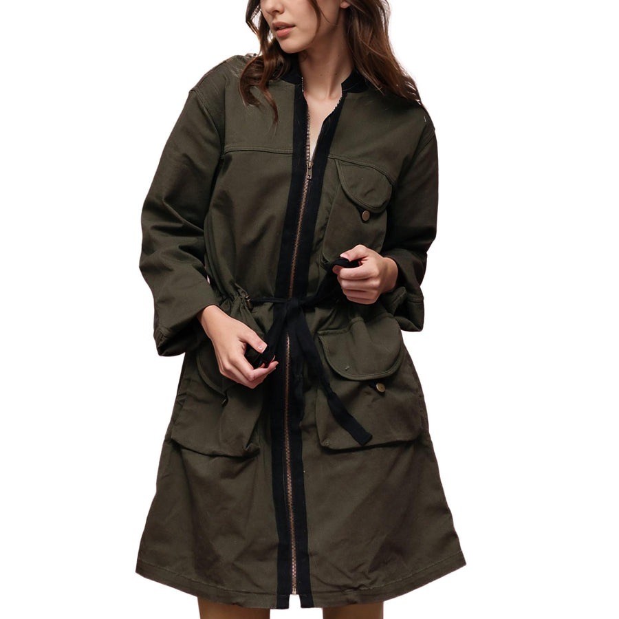 Women's Zip Up Long Utility Jacket In Olive - shopatkonus