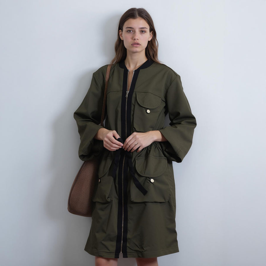 Women's Zip Up Long Utility Jacket In Olive - shopatkonus
