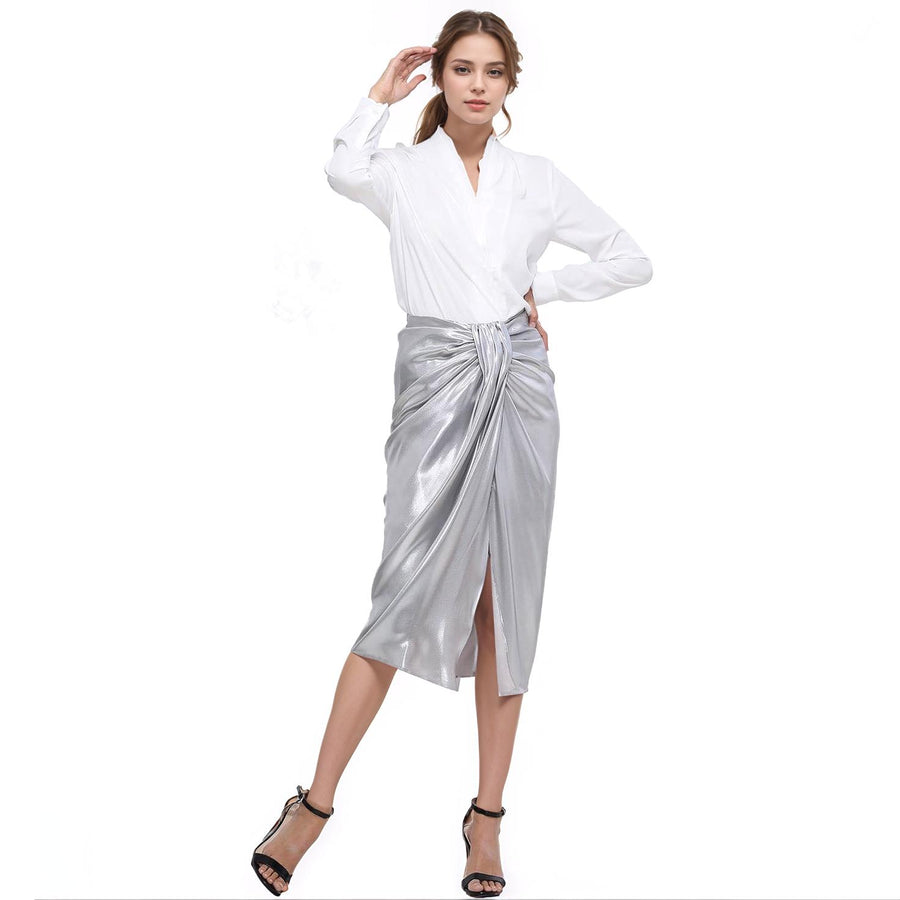 Women's Pleated V-neck Long Sleeves Blouse - shopatkonus