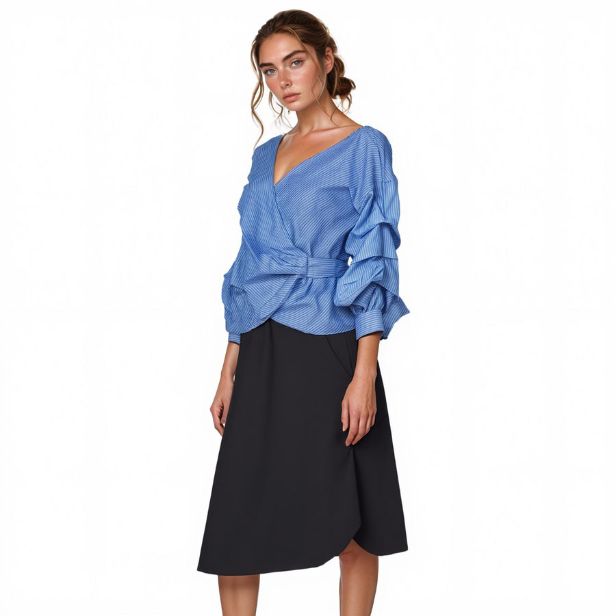Gathered Sleeve Wrap Blouse In Blue - shopatkonus