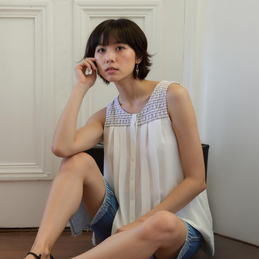 Women's Sleeveless Tweed Blouse - shopatkonus