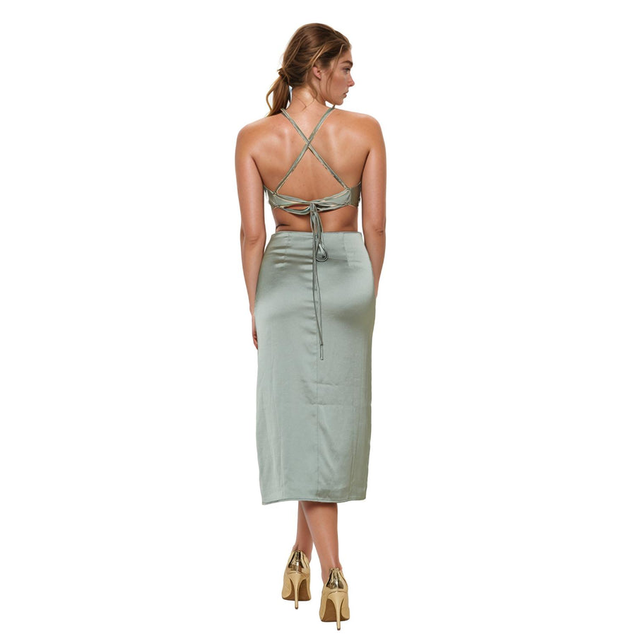 Sleeveless Satin Midi Dress in Sage - shopatkonus