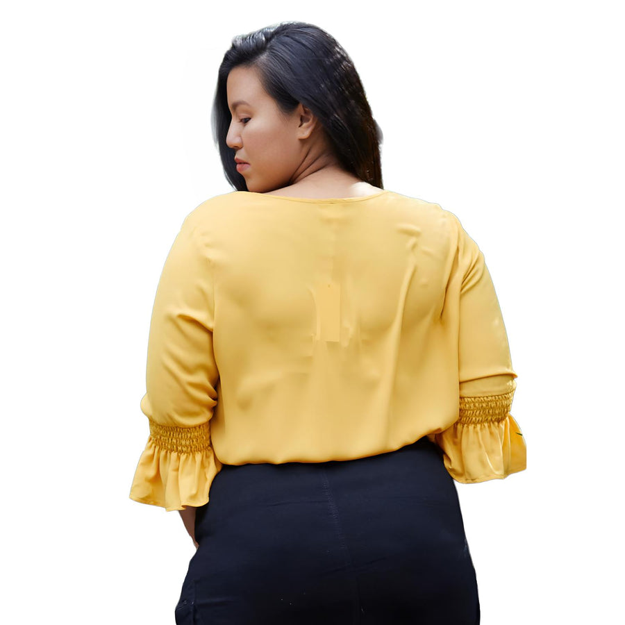 Pleione Plus Size Pleated Blouse With Bell Sleeve in Honey - shopatkonus
