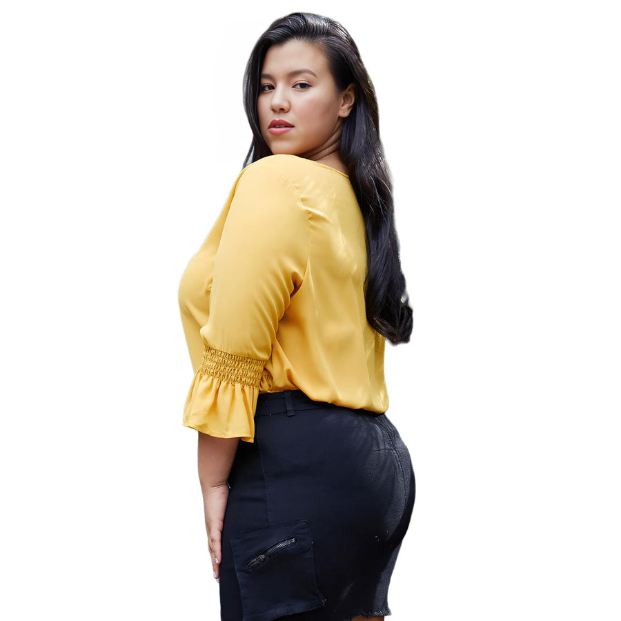 Pleione Plus Size Pleated Blouse With Bell Sleeve in Honey - shopatkonus