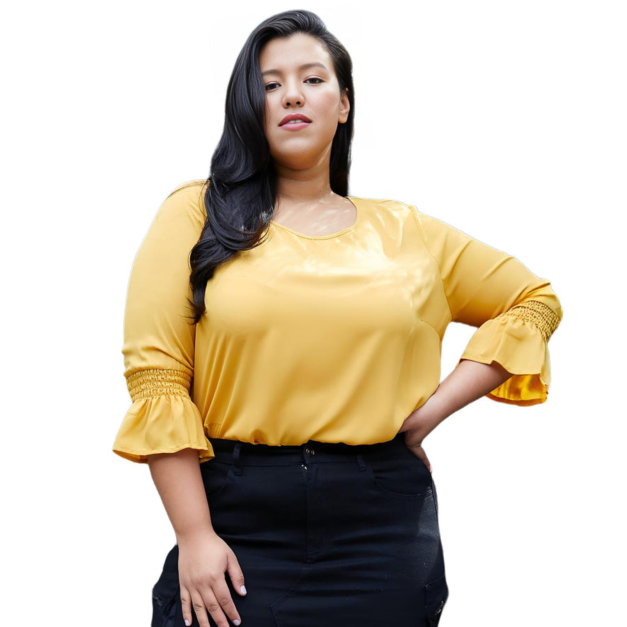 Pleione Plus Size Pleated Blouse With Bell Sleeve in Honey - shopatkonus