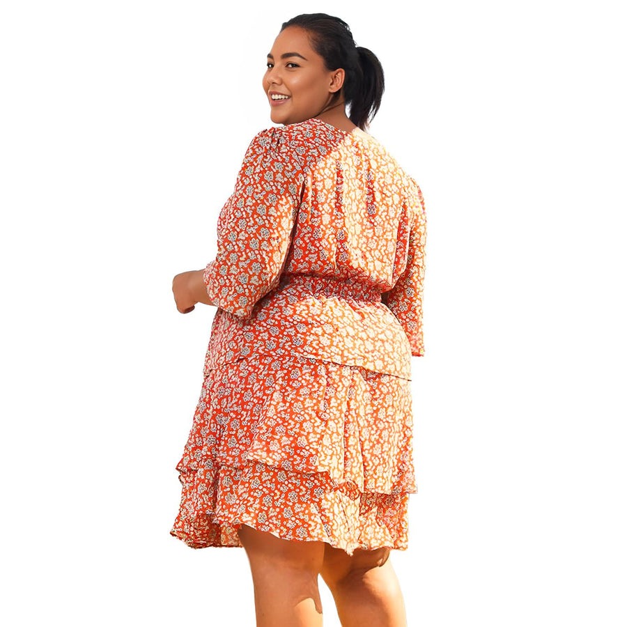 Pleione Plus Size Floral Layered Ruffle Chiffon Dress In Red - shopatkonus