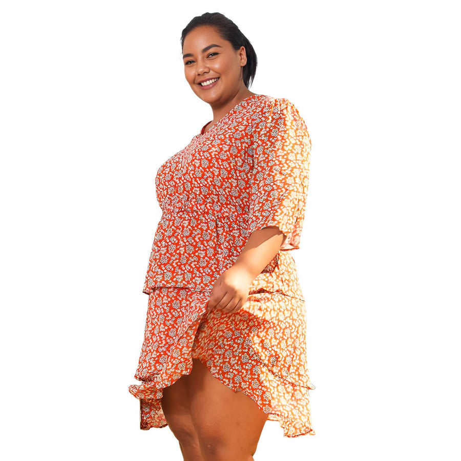 Pleione Plus Size Floral Layered Ruffle Chiffon Dress In Red - shopatkonus