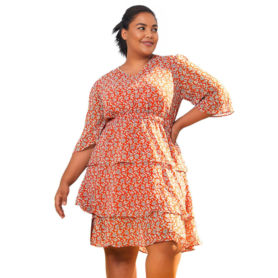 Pleione Plus Size Floral Layered Ruffle Chiffon Dress In Red - shopatkonus