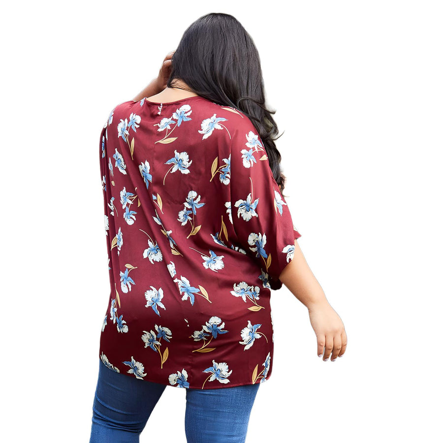 Pleione Plus Size Floral Batwing Kimono Cardigan in Burgundy - shopatkonus