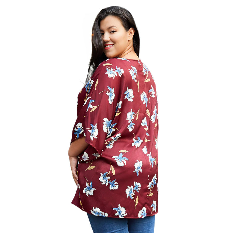Pleione Plus Size Floral Batwing Kimono Cardigan in Burgundy - shopatkonus