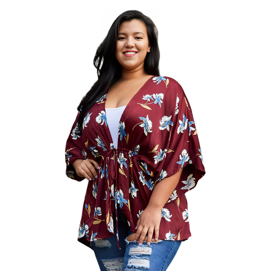 Pleione Plus Size Floral Batwing Kimono Cardigan in Burgundy - shopatkonus