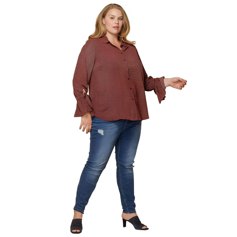 Pleione Plus Size Bell Cuff Button Down Shirt Blouse in Wallpaper - shopatkonus