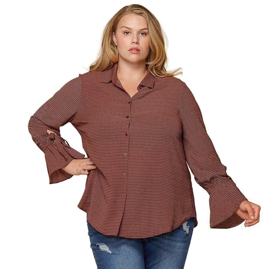 Pleione Plus Size Bell Cuff Button Down Shirt Blouse in Wallpaper - shopatkonus