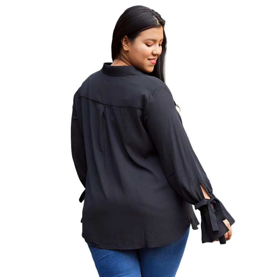 Pleione Plus Size Self-tie Bell Cuff Button Down Shirt Blouse In Black - shopatkonus