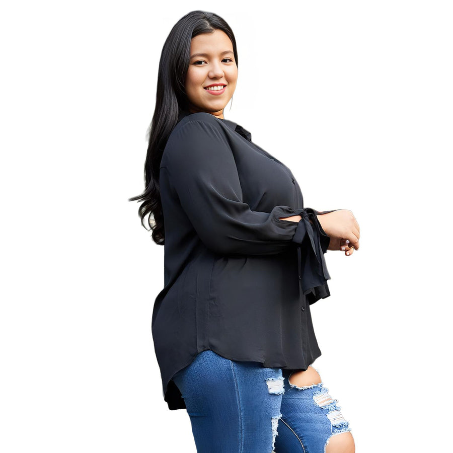 Pleione Plus Size Self-tie Bell Cuff Button Down Shirt Blouse In Black - shopatkonus