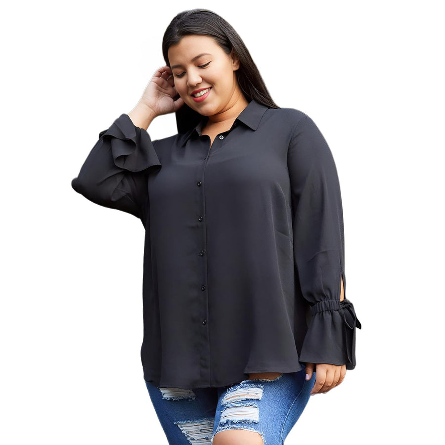 Pleione Plus Size Self-tie Bell Cuff Button Down Shirt Blouse In Black - shopatkonus