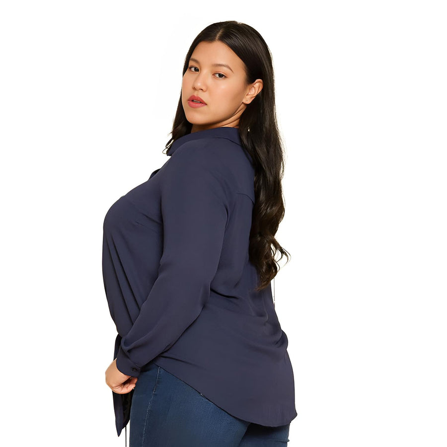 Pleione Plus Tie-Front Button-Down Blouse - shopatkonus