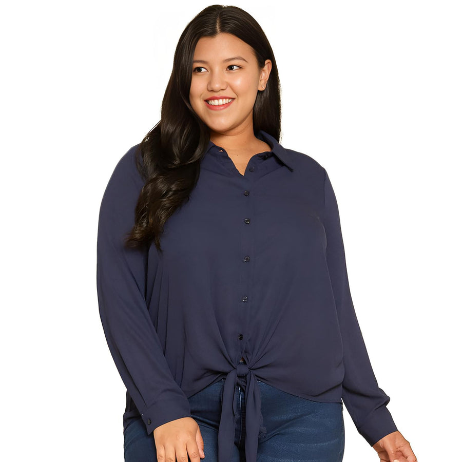 Pleione Plus Tie-Front Button-Down Blouse - shopatkonus