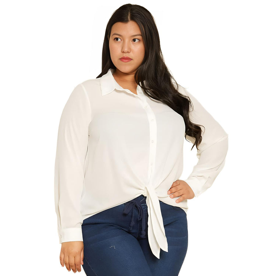 Pleione Plus Tie-Front Button-Down Blouse - shopatkonus
