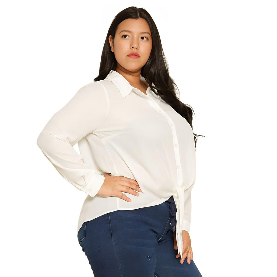 Pleione Plus Tie-Front Button-Down Blouse - shopatkonus