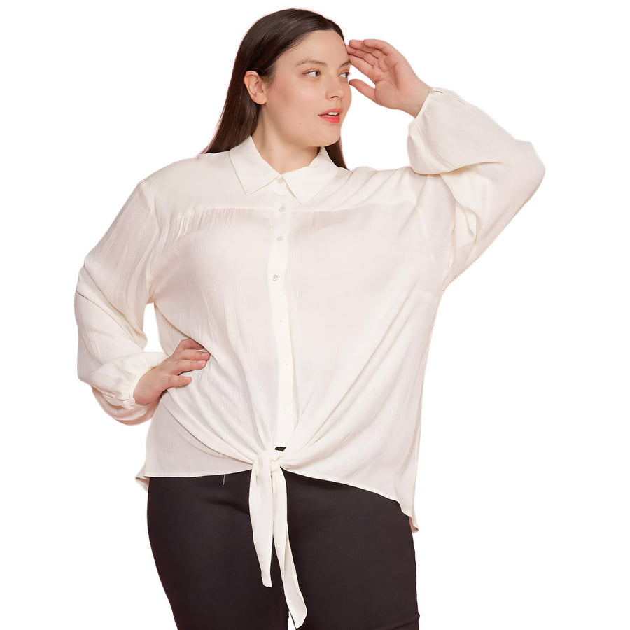 Pleione Plus Size Pleated Tie Hem Button Down Blouse in Ivory - shopatkonus