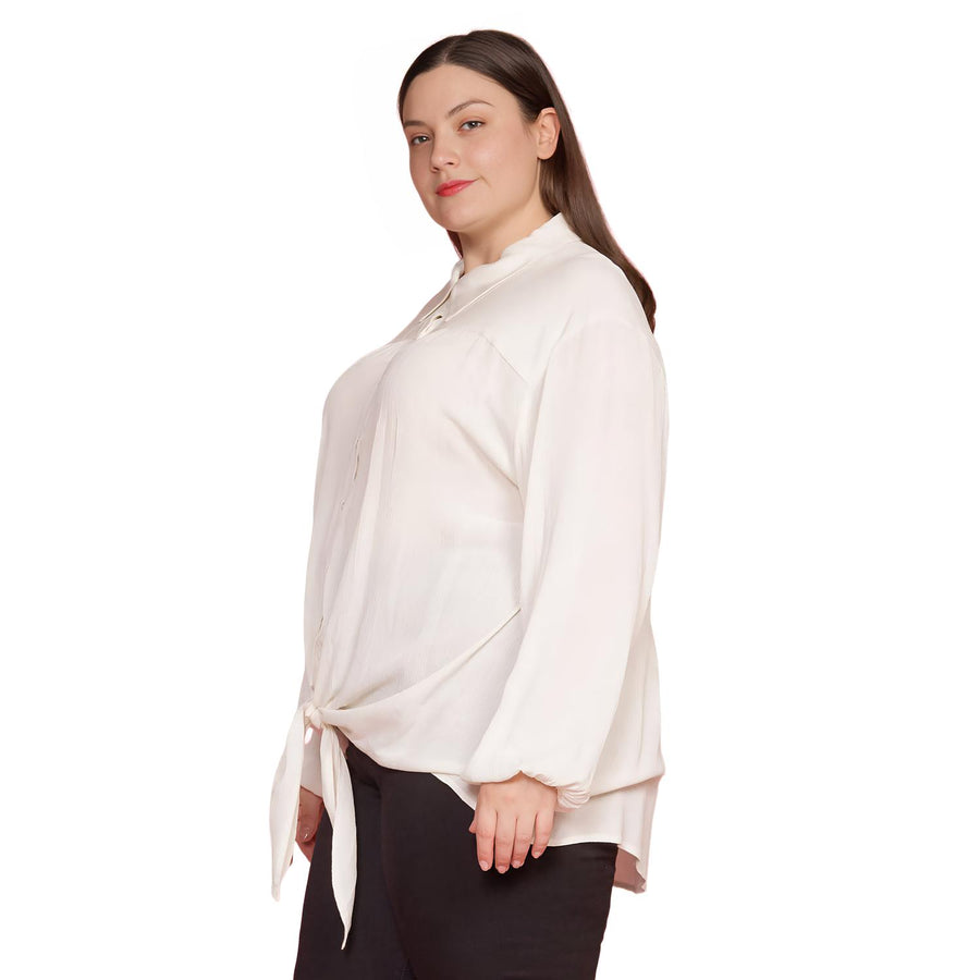 Pleione Plus Size Pleated Tie Hem Button Down Blouse in Ivory - shopatkonus