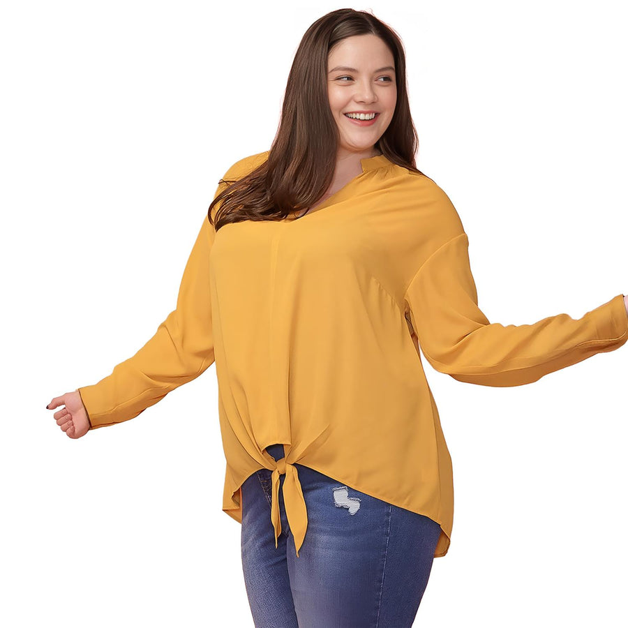 Pleione Plus Size Women's Mandarin Collar Tie Hem Blouse - shopatkonus