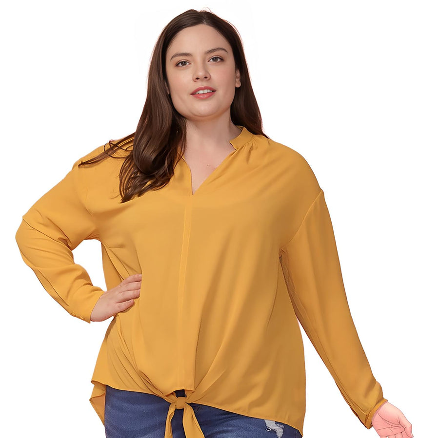Pleione Plus Size Women's Mandarin Collar Tie Hem Blouse - shopatkonus