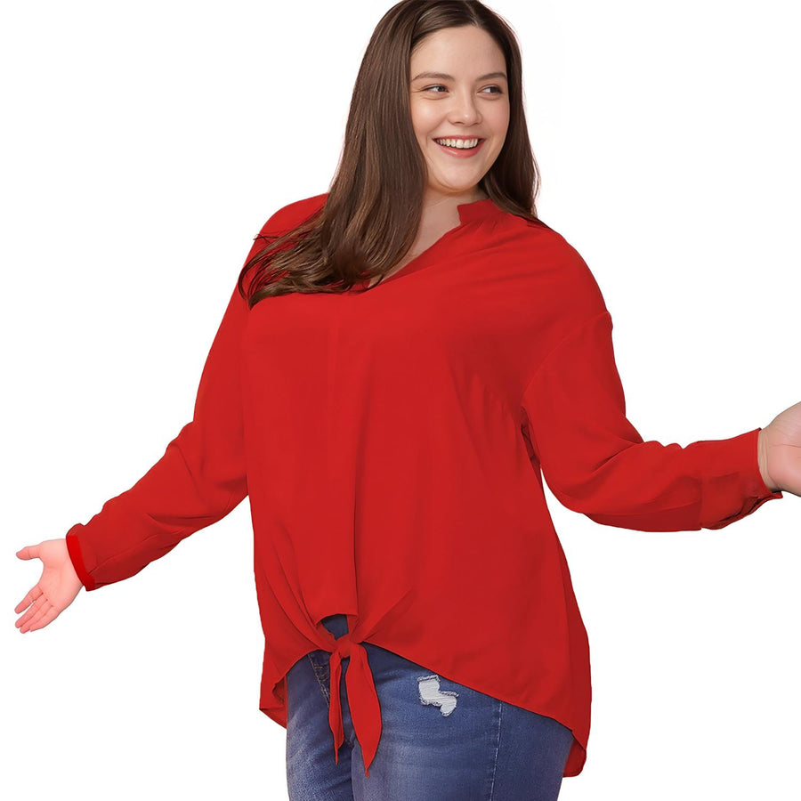 Pleione Plus Size Women's Mandarin Collar Tie Hem Blouse - shopatkonus